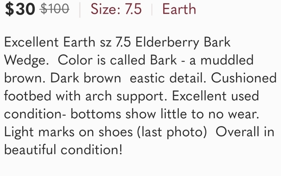 ❤️SOLD!❤️Earth sz 7.5 Elderberry Bark Wedge - Picture 9 of 9